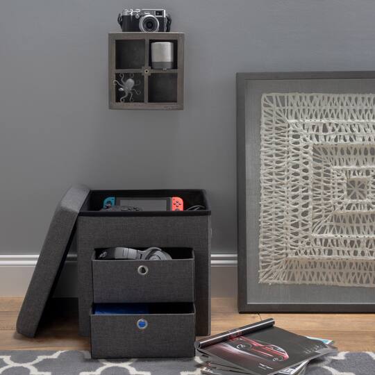 Simplify Gray 2 Drawer Collapsible Storage Ottoman